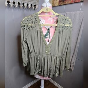 POL Olive Lace Accent Blouse